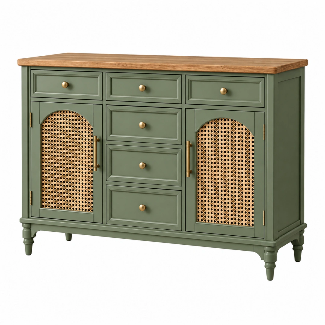 Aparador 160 x 45 x 90 cm de madera verde con puertas de ratán estilo clásico