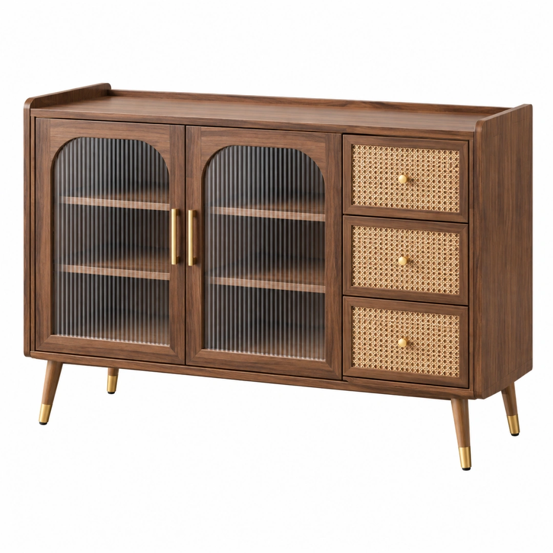 Aparador 120 x 40 x 85 cm de madera color nogal con vidrio acanalado y rejilla para almacenaje retro