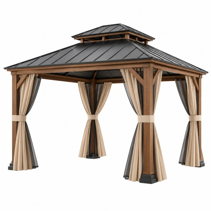 Gazebo da giardino 300 x 300 x 300 cm in legno marrone con tetto in metallo e tende stile padiglione