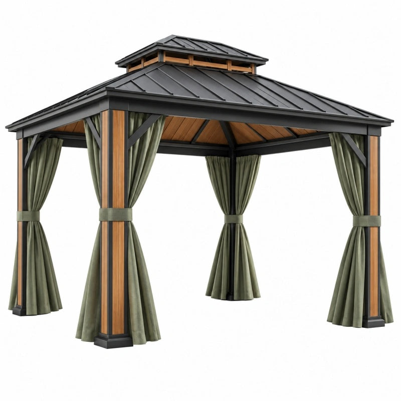Gazebo da giardino 300 x 300 x 300 cm in metallo nero e finitura legno con tende verdi