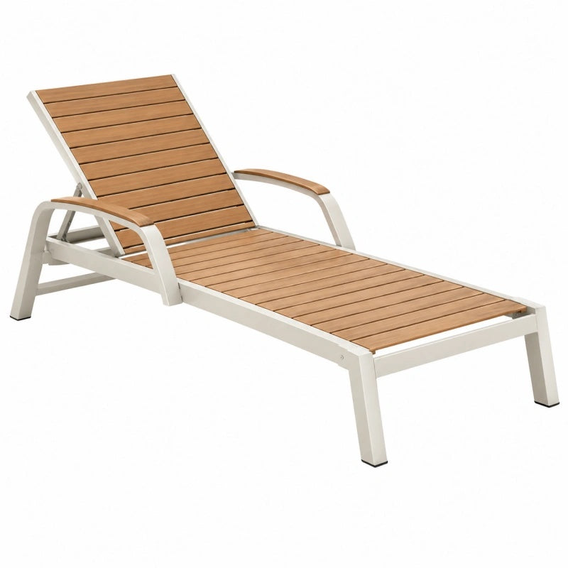 Lettino prendisole 195 x 65 x 92 cm in alluminio e legno bianco naturale reclinabile da esterno