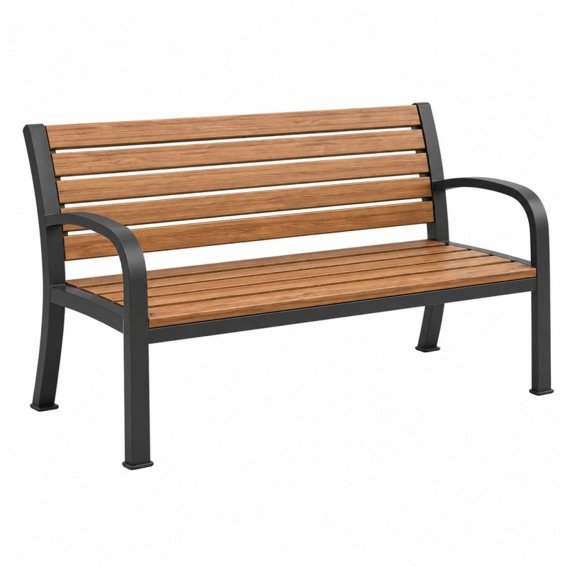 Panchina da giardino 122 cm in legno marrone e metallo nero con braccioli