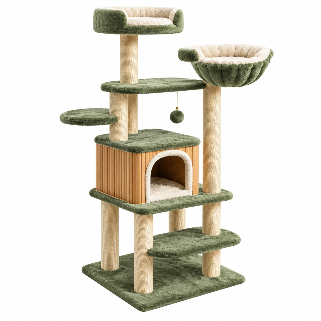 Árbol rascador para gatos 60 x 60 x 150 cm verde y beige con sisal y plataformas