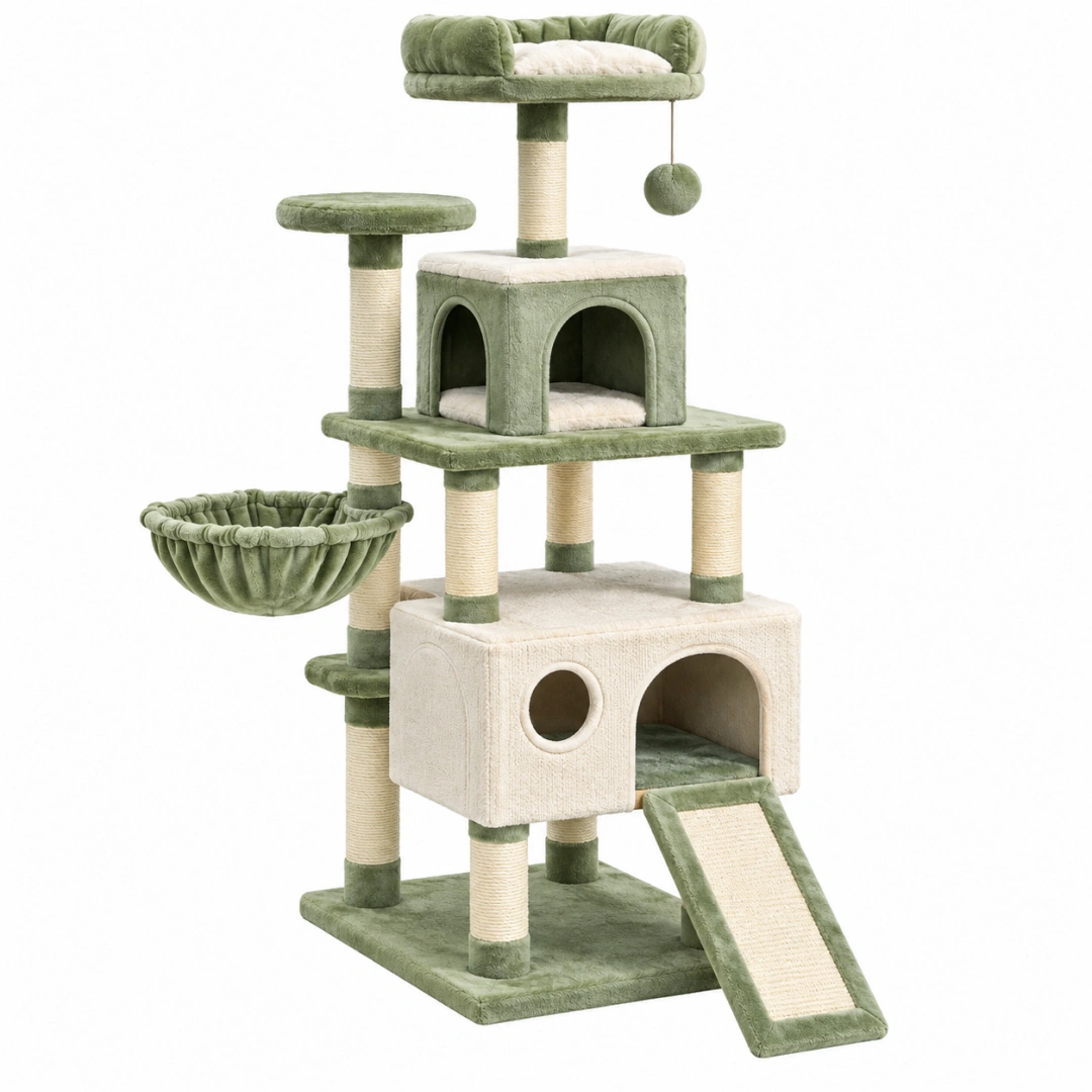 Árbol rascador para gatos 60 x 60 x 170 cm verde y beige con sisal y plataformas