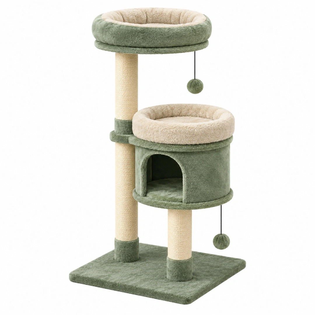 Árbol rascador para gatos 50 x 50 x 120 cm - felpa verde y crema con sisal - multinivel con refugio y plataformas