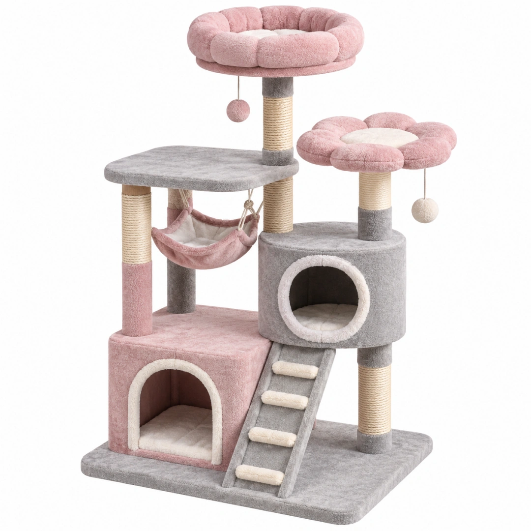 Árbol rascador para gatos 60 x 50 x 105 cm de sisal rosa gris y blanco con cuevas hamaca y plataformas
