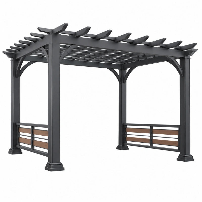 Pergola da giardino 300 x 300 x 240 cm in metallo nero con inserti effetto legno - Struttura a griglia
