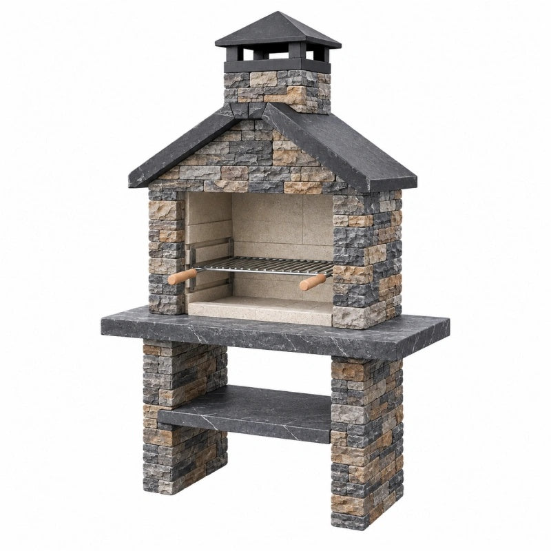 Barbecue da giardino in muratura 125 cm rivestimento in pietra grigio beige con griglia