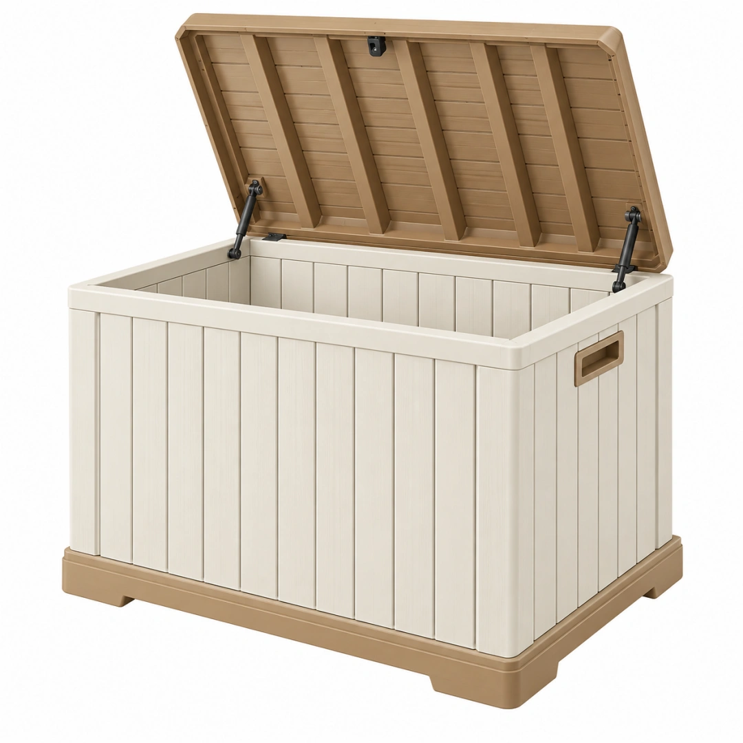 Arcón de almacenamiento 120 x 65 x 65 cm de plástico beige y marrón para exterior