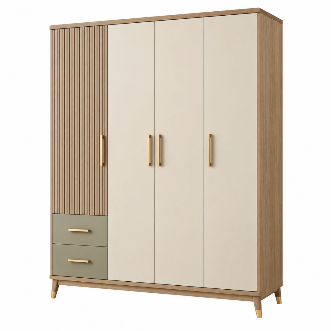 Armario 120 x 55 x 190 cm de tablero de madera beige y roble con 4 puertas y 2 cajones estilo moderno