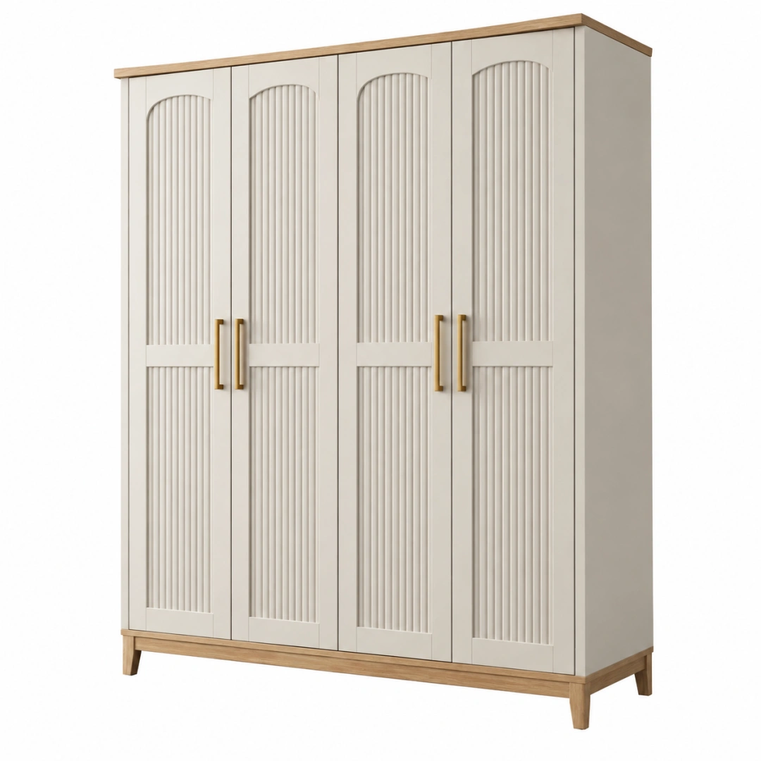 Armario 180 x 55 x 200 cm de madera manufacturada beige y roble con 4 puertas acanaladas