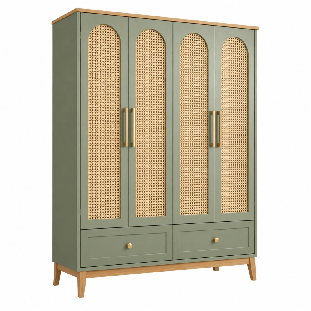 Armario 120 x 55 x 190 cm de madera verde con rejilla trenzada - estilo natural con 4 puertas y cajones