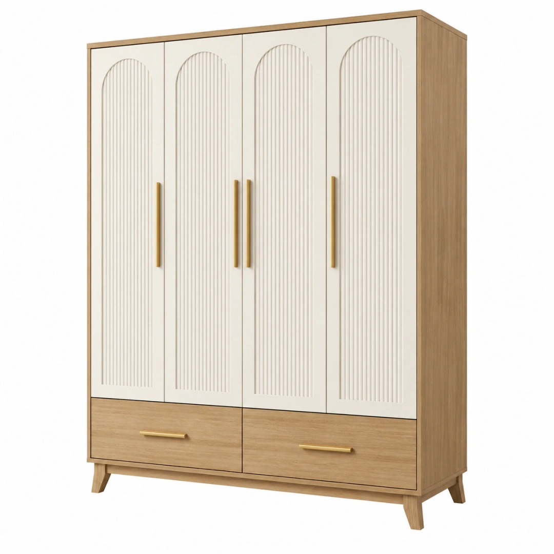 Armario 160 x 60 x 200 cm de madera beige y natural con 4 puertas y 2 cajones