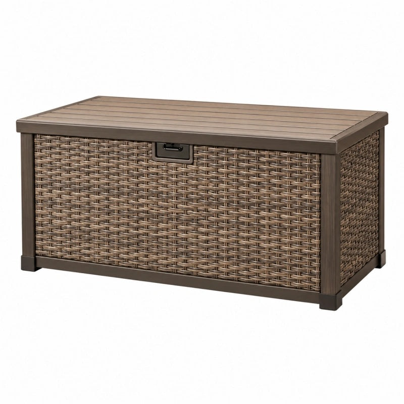 Cassapanca da esterno 120 x 61 x 63 cm in resina effetto rattan marrone con coperchio contenitore