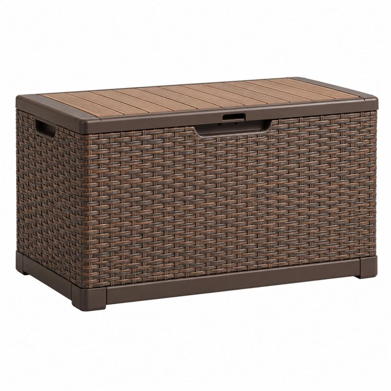Cassapanca da esterno 110 x 50 x 55 cm in plastica marrone effetto rattan con coperchio