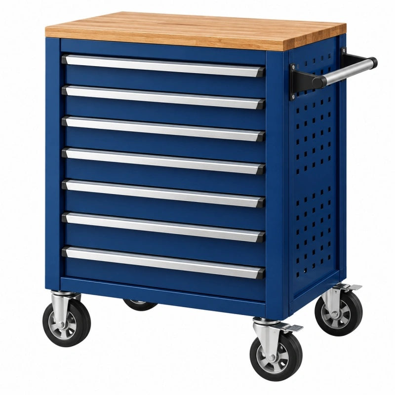 Carrello portautensili 77 x 46 x 97 cm in acciaio blu con piano in legno - 8 cassetti mobili