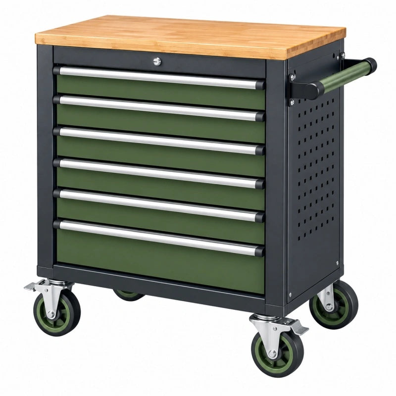 Carrello portautensili 77 x 46 x 97 cm in acciaio verde nero con piano in legno - 7 cassetti mobili