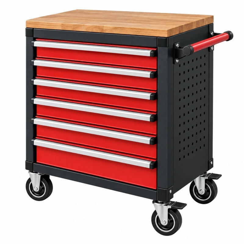 Cassettiera portautensili 77 x 46 x 97 cm in metallo nero e rosso con piano in legno - 7 cassetti su ruote
