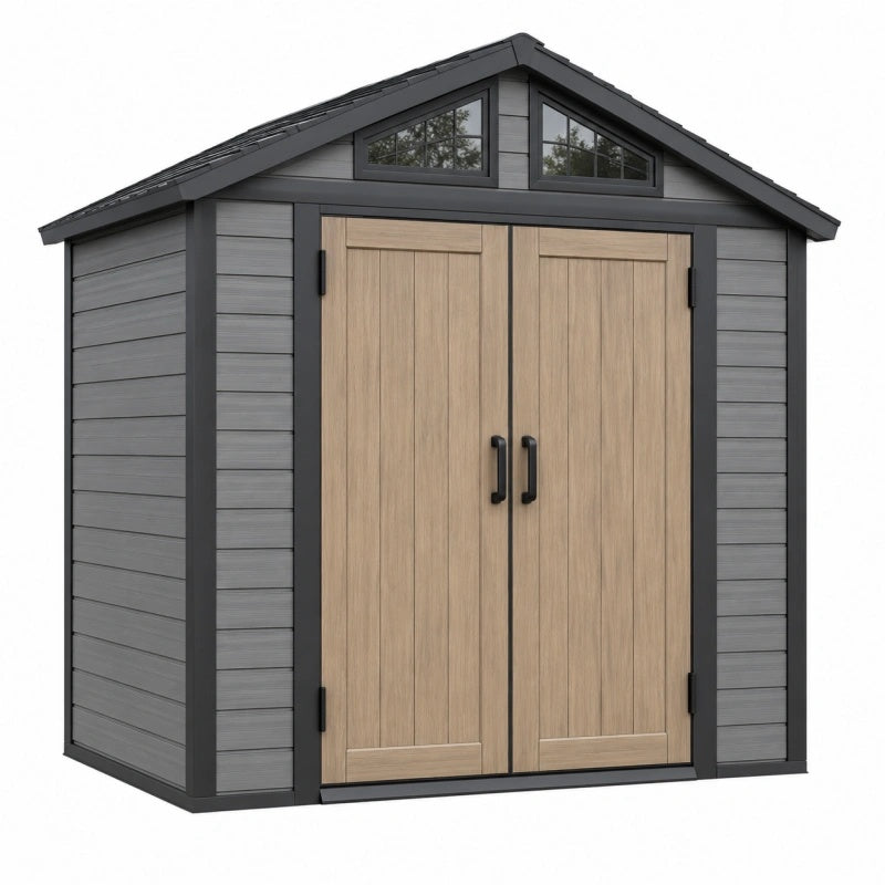 Casetta da giardino 185 x 122 x 200 cm in resina grigio antracite effetto legno con doppia porta