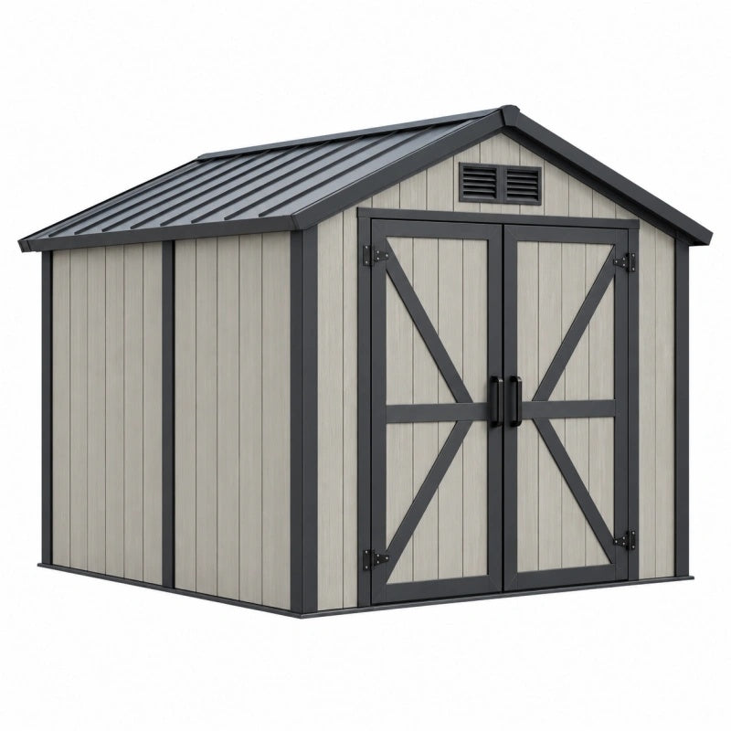 Casetta da giardino 229 x 186 x 191 cm in resina grigio e antracite con doppia porta e ventilazione