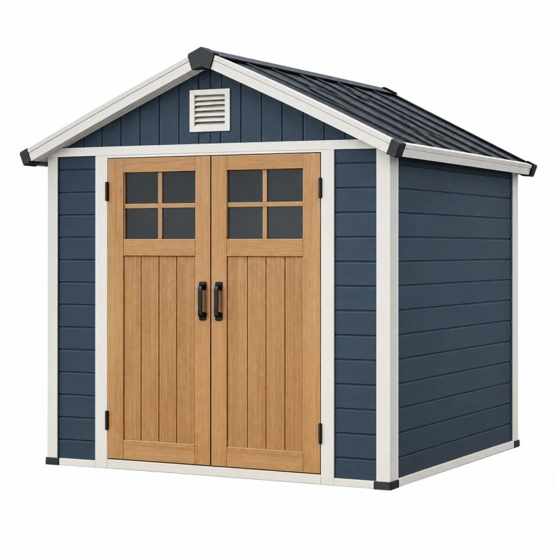 Casetta da giardino 180 x 120 x 210 cm in plastica blu e legno con doppia porta