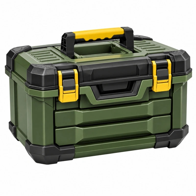 Cassetta portautensili 48 x 26 x 24 cm in plastica verde e nera con maniglia e chiusure