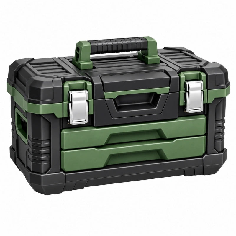 Cassetta portautensili 45 x 25 x 28 cm in plastica nero verde con maniglia e chiusure metalliche