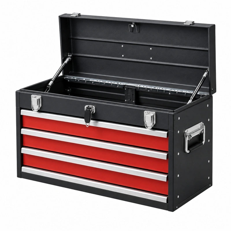 Cassetta portautensili 60 x 26 x 34 cm in acciaio nero e rosso con 3 cassetti e coperchio sollevabile