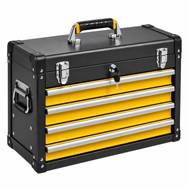 Cassettiera portautensili 60 x 30 x 40 cm in metallo nero e giallo con 5 cassetti e serratura